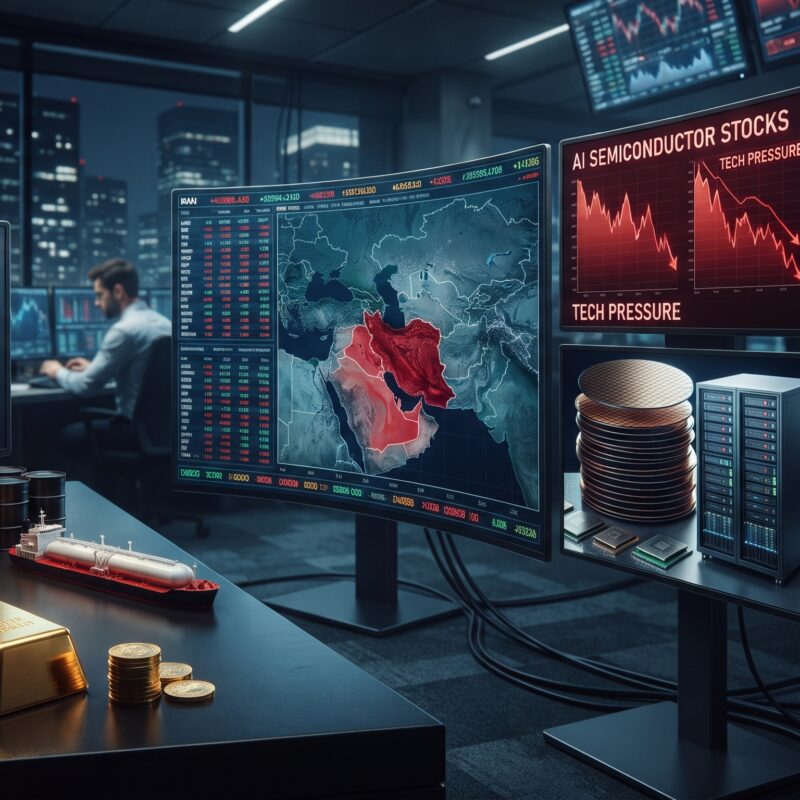 Gold, oil, Bitcoin, Ethereum, and AI stock visuals shown in a global financial market setting with Iran-related tension and U.S. jobs data uncertainty