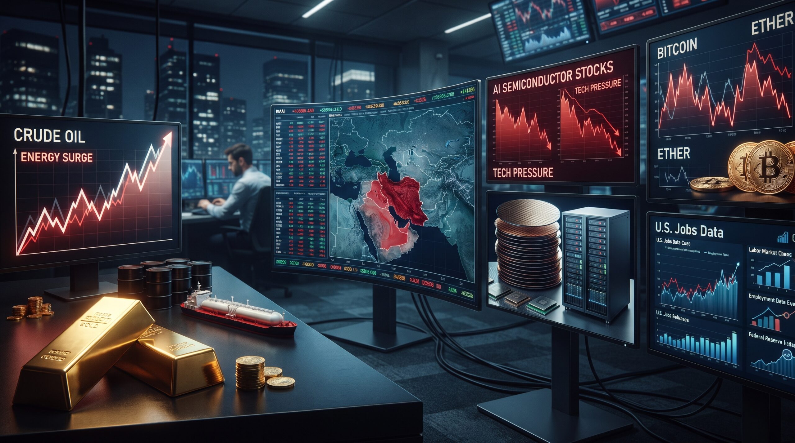Gold, oil, Bitcoin, Ethereum, and AI stock visuals shown in a global financial market setting with Iran-related tension and U.S. jobs data uncertainty