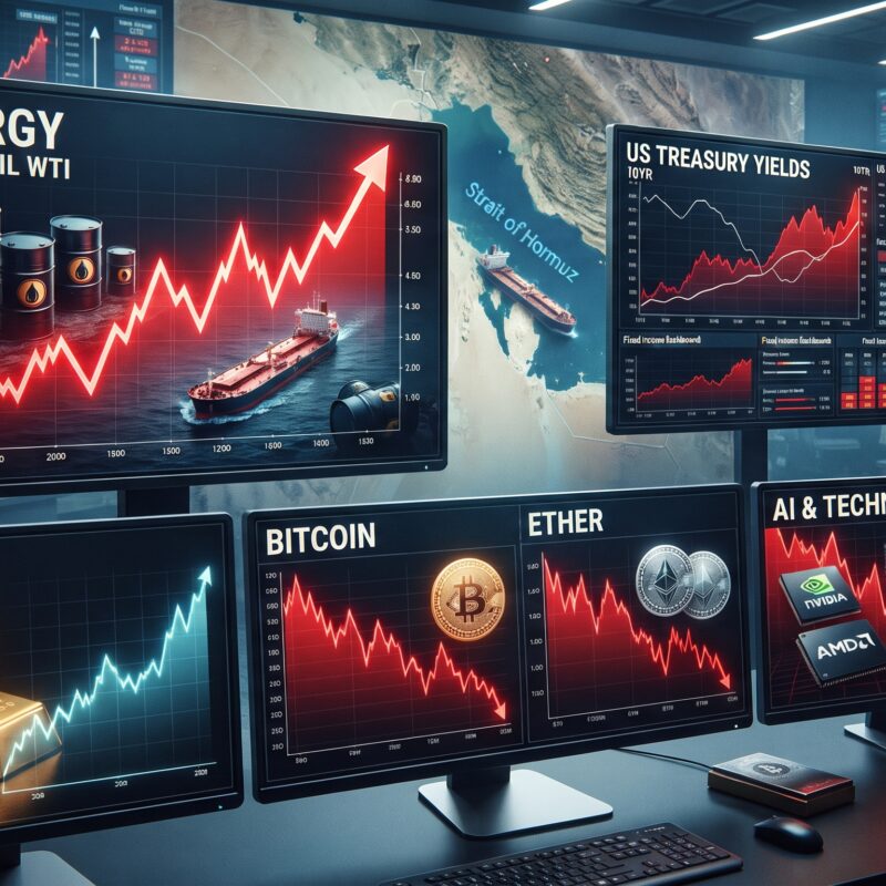 Oil, gold, Bitcoin, Ethereum, bond-yield visuals, and AI stock imagery shown in a financial market setting with Strait of Hormuz tension and global market stress.