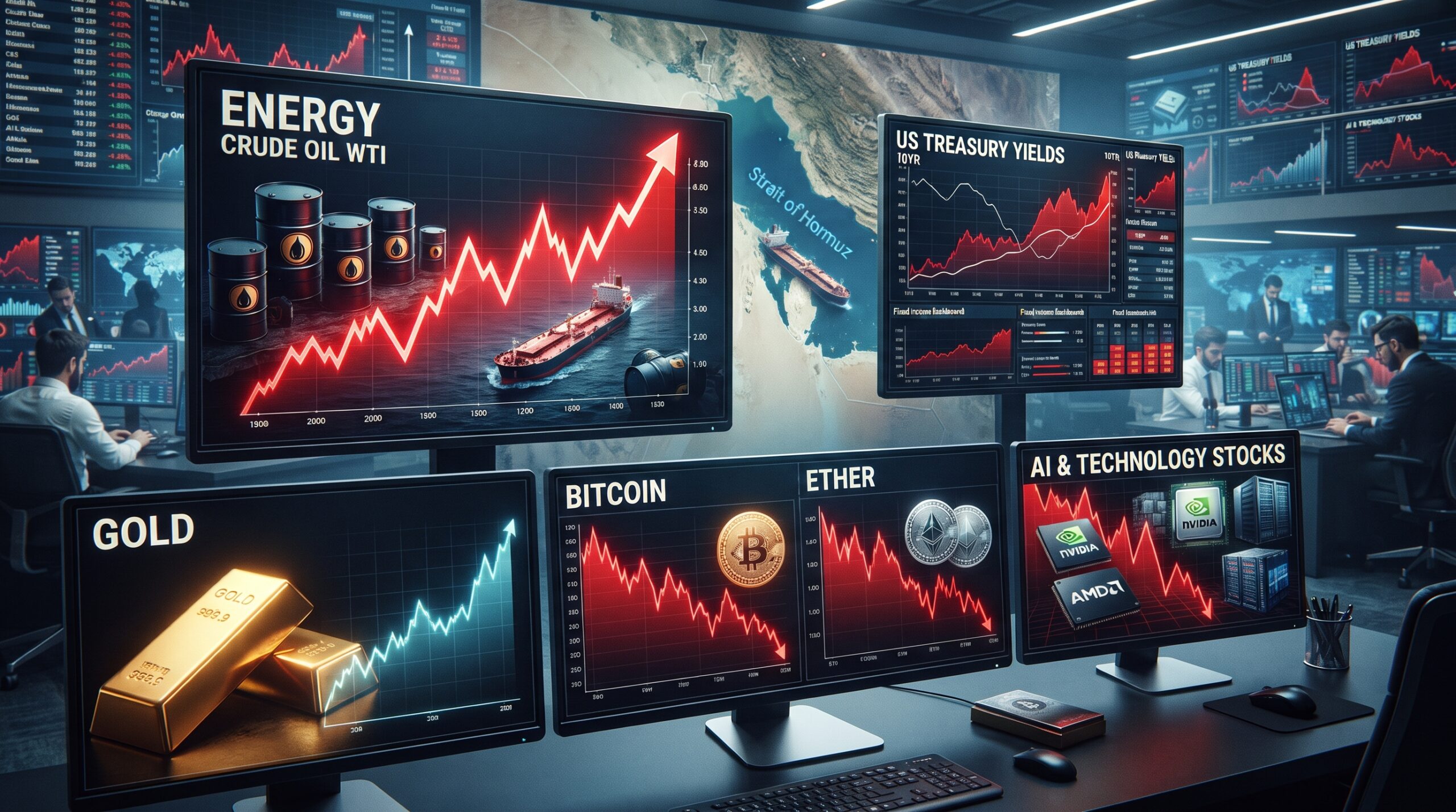Oil, gold, Bitcoin, Ethereum, bond-yield visuals, and AI stock imagery shown in a financial market setting with Strait of Hormuz tension and global market stress.