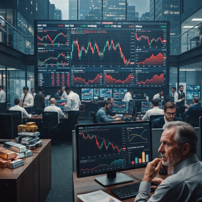 Wall Street stocks, gold, copper, silver, Bitcoin, and Ethereum shown in a financial market setting with high interest-rate pressure and volatile trading screens.