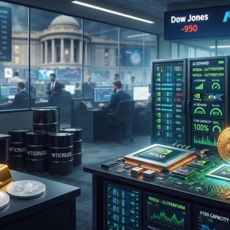 Gold, silver, copper, oil, Nvidia AI visuals, Bitcoin, and Ethereum shown in a financial market setting with Fed-driven volatility and mixed asset performance.