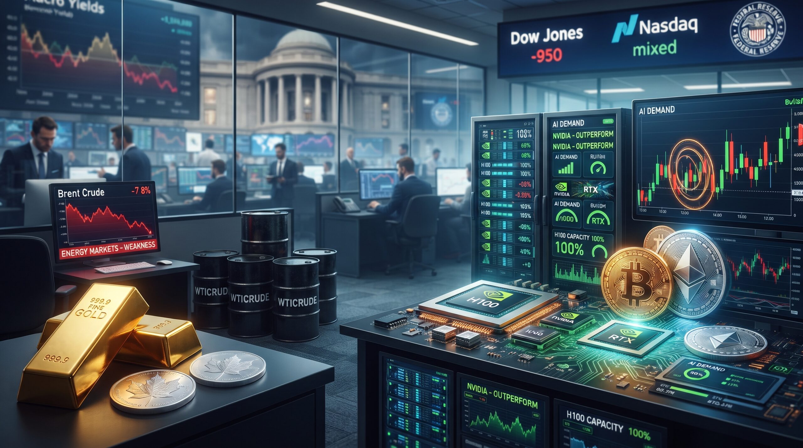 Gold, silver, copper, oil, Nvidia AI visuals, Bitcoin, and Ethereum shown in a financial market setting with Fed-driven volatility and mixed asset performance.