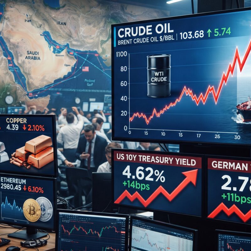 Oil, gold, silver, copper, Bitcoin, and Ethereum shown in a volatile financial market setting with rising bond yields and Strait of Hormuz geopolitical tension.