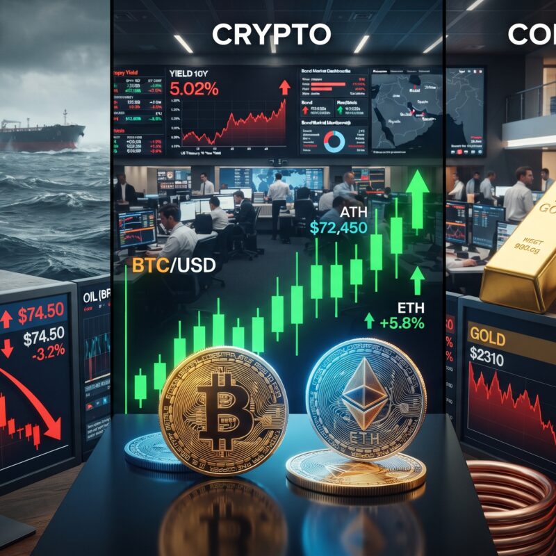 Oil, Bitcoin, Ethereum, gold, silver, and copper shown in a global financial market setting with rising bond yields, falling oil prices, and strong crypto momentum.