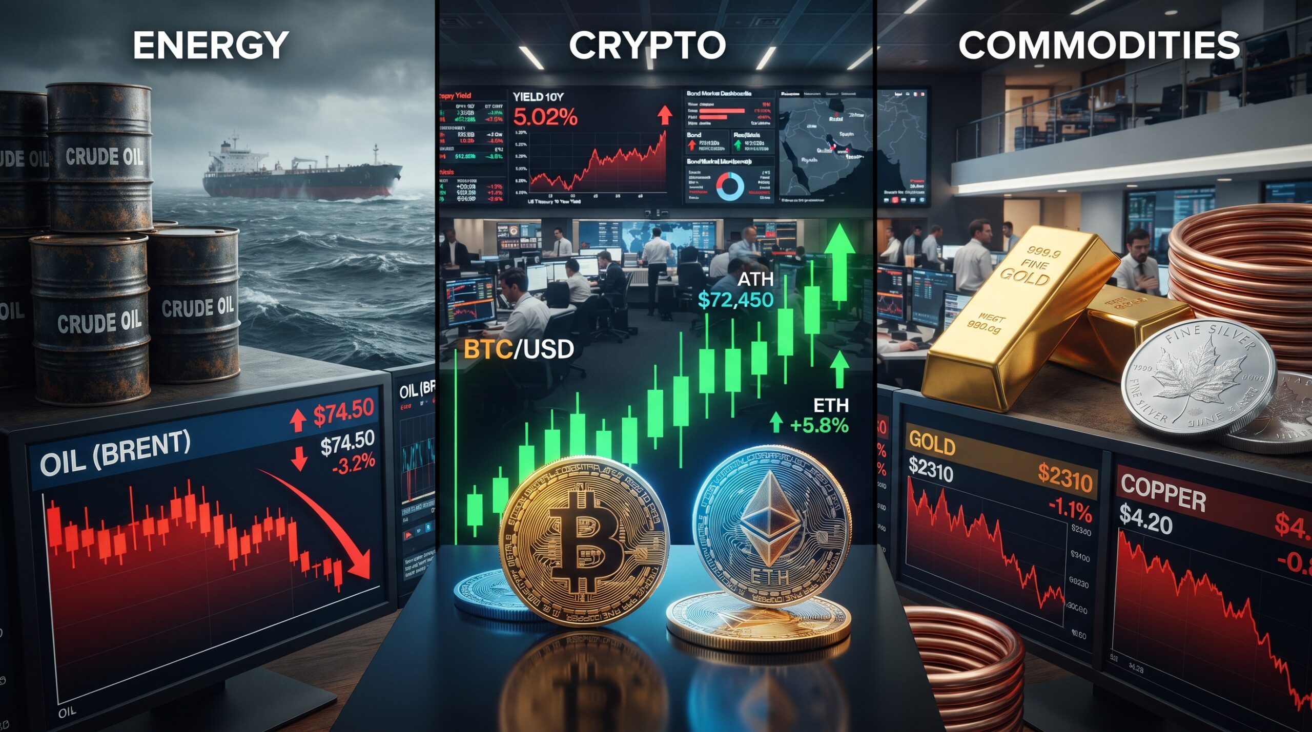 Oil, Bitcoin, Ethereum, gold, silver, and copper shown in a global financial market setting with rising bond yields, falling oil prices, and strong crypto momentum.