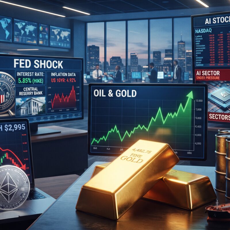 Gold, oil, Bitcoin, Ethereum, and AI stock visuals shown in a volatile financial market setting with rising commodity prices and Federal Reserve-driven pressure.