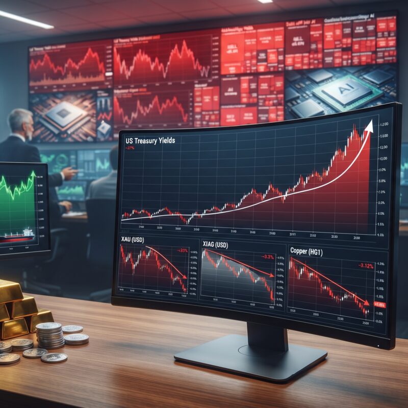 Gold, silver, copper, oil, Bitcoin, Ethereum, bond-yield visuals, and AI stock imagery shown in a volatile financial market setting with rising yields and mixed cross-asset performance.