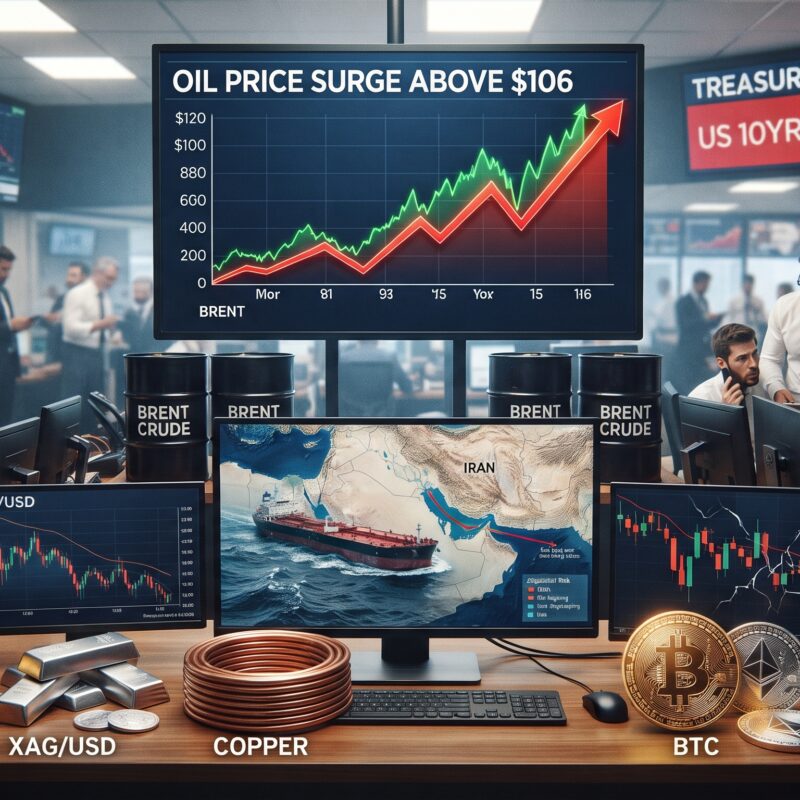 Oil, gold, silver, copper, Bitcoin, and Ethereum shown in a volatile financial market setting with rising Treasury yields and Iran-related geopolitical tension.