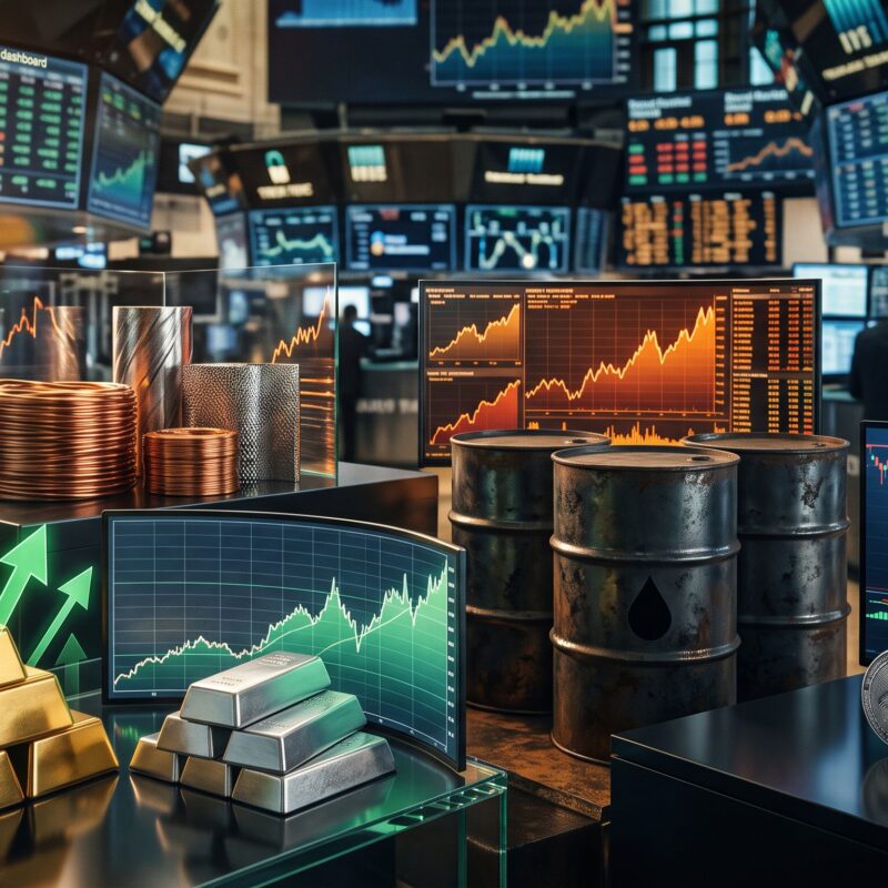 Gold, silver, copper, oil, Bitcoin, and Ethereum shown in a volatile financial market setting with rising Treasury yields and mixed cross-asset performance.