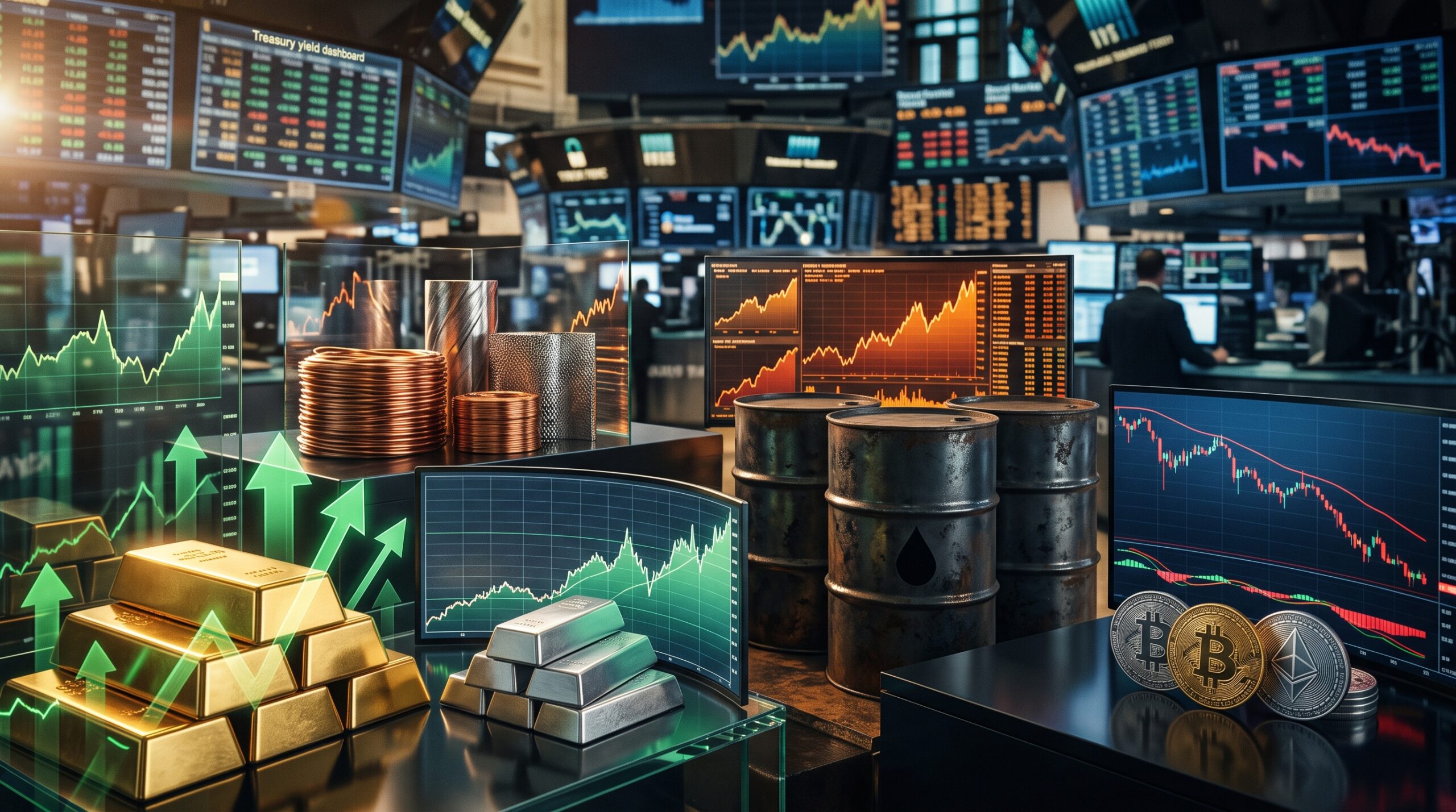 Gold, silver, copper, oil, Bitcoin, and Ethereum shown in a volatile financial market setting with rising Treasury yields and mixed cross-asset performance.