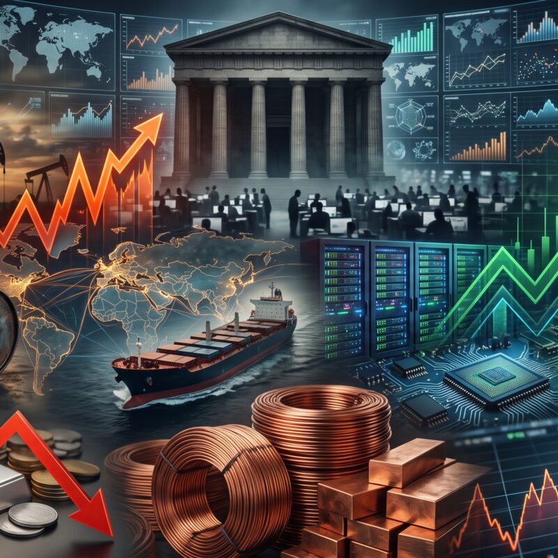 Oil, gold, silver, copper, Bitcoin, Ethereum, AI stocks, and bond-yield visuals shown in a volatile financial market setting with Iran war risk and global market stress.