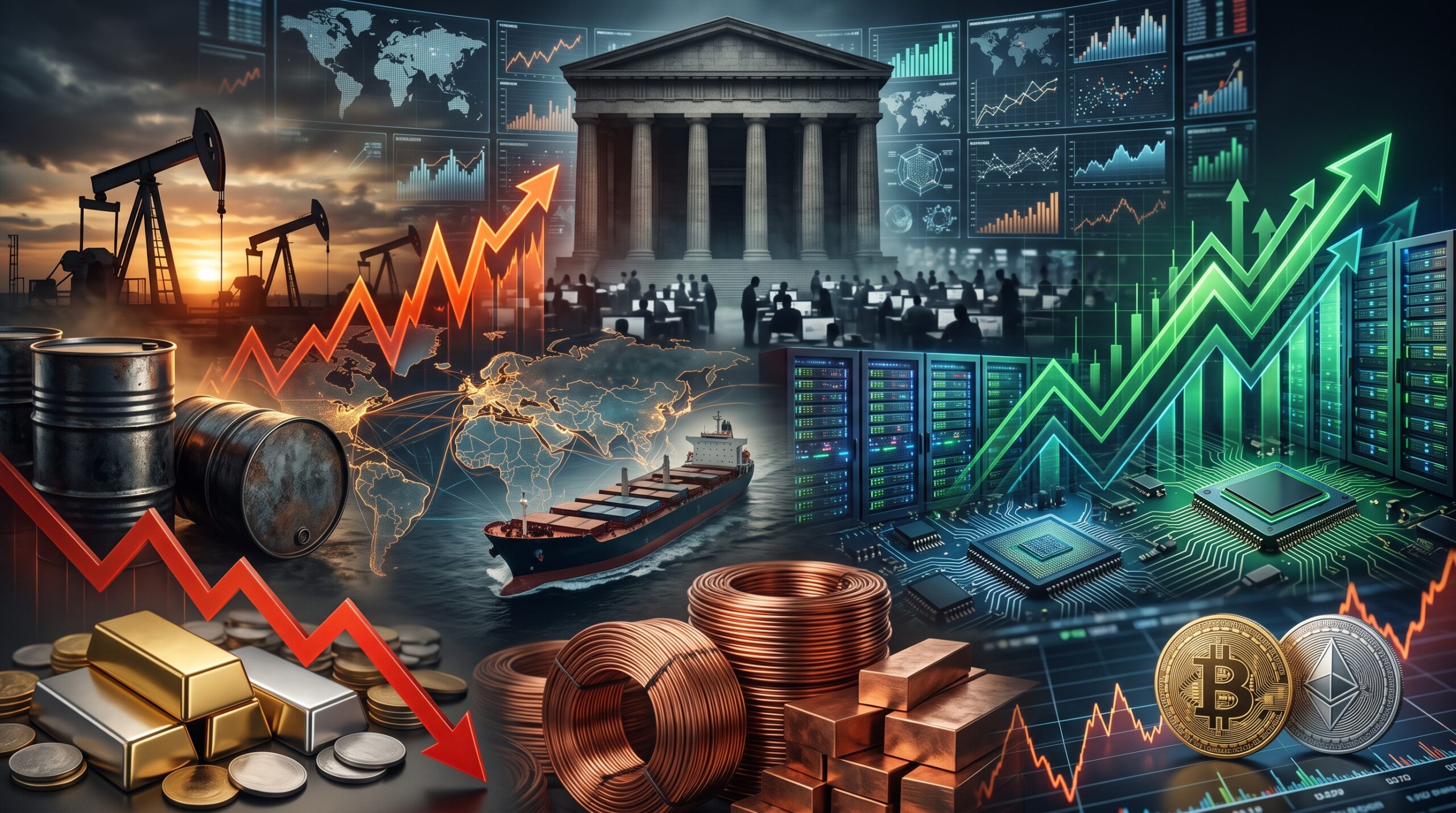 Oil, gold, silver, copper, Bitcoin, Ethereum, AI stocks, and bond-yield visuals shown in a volatile financial market setting with Iran war risk and global market stress.