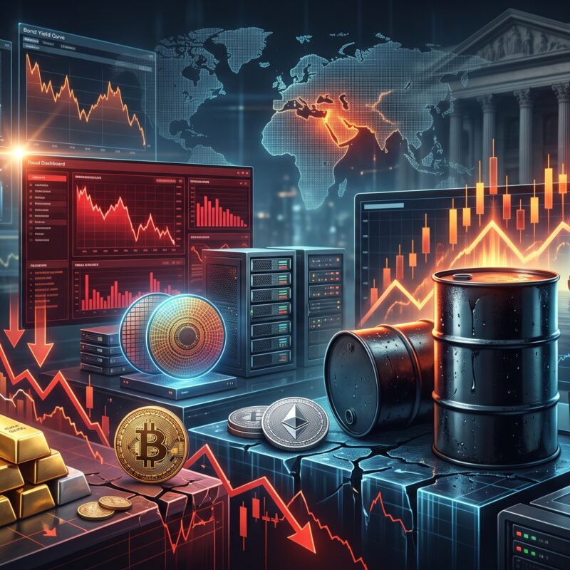 Oil, gold, silver, copper, Bitcoin, Ethereum, and AI stock visuals shown in a volatile financial market setting with geopolitical tension and inflation-driven pressure.