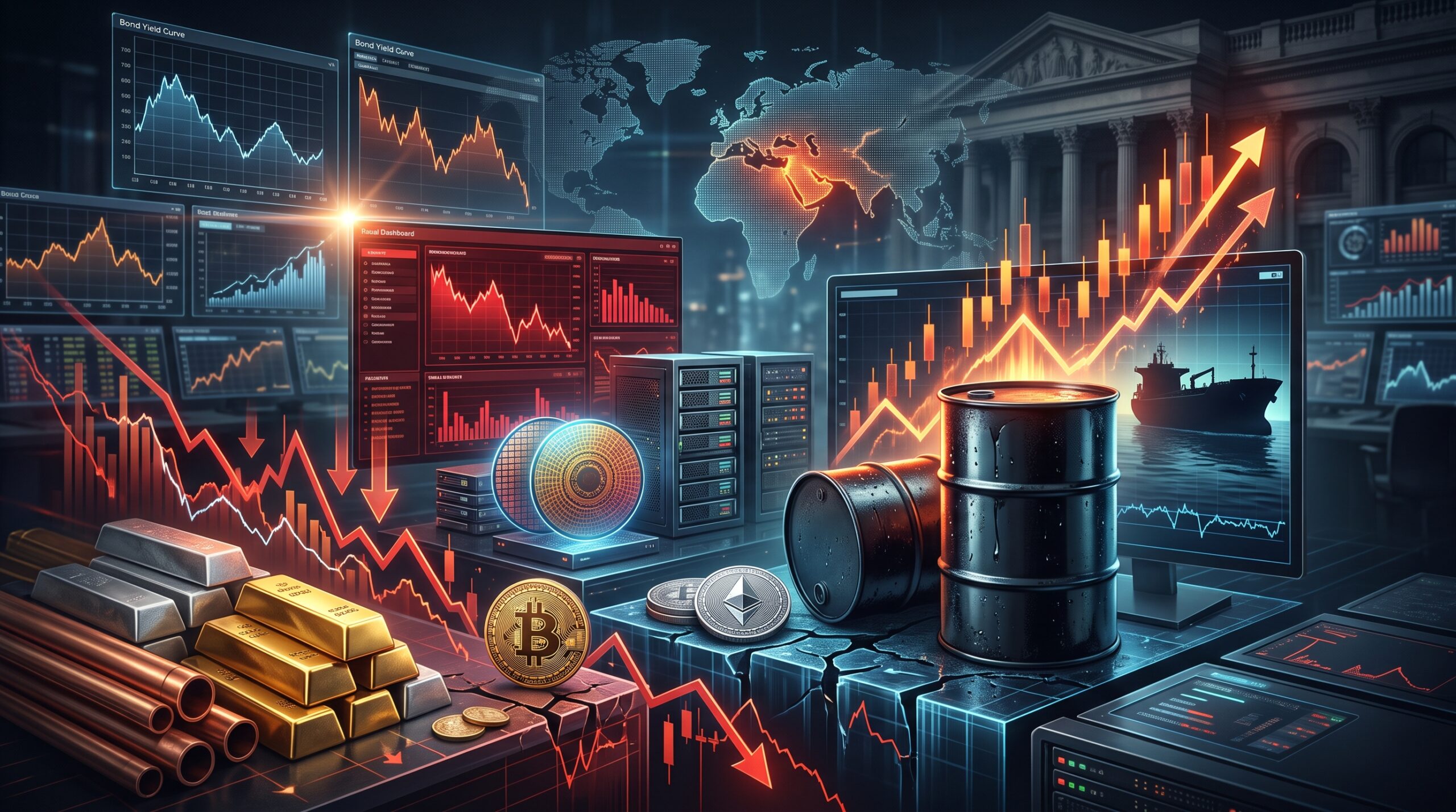 Oil, gold, silver, copper, Bitcoin, Ethereum, and AI stock visuals shown in a volatile financial market setting with geopolitical tension and inflation-driven pressure.