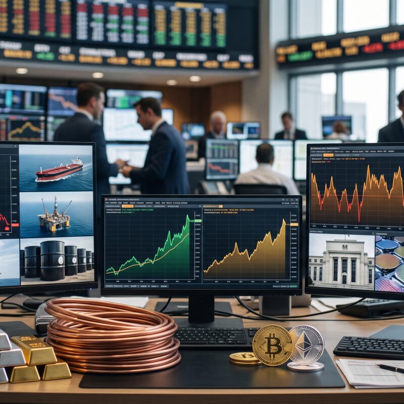 Oil, gold, silver, copper, Bitcoin, Ethereum, and AI market visuals shown in a global financial setting with falling oil prices, rebounding assets, and Federal Reserve risk.