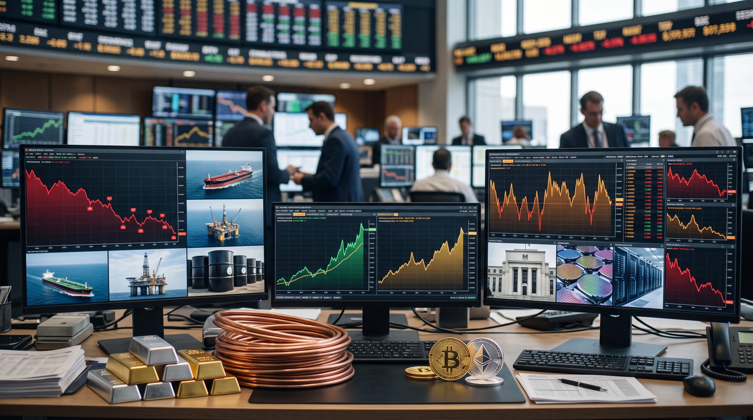 Oil, gold, silver, copper, Bitcoin, Ethereum, and AI market visuals shown in a global financial setting with falling oil prices, rebounding assets, and Federal Reserve risk.