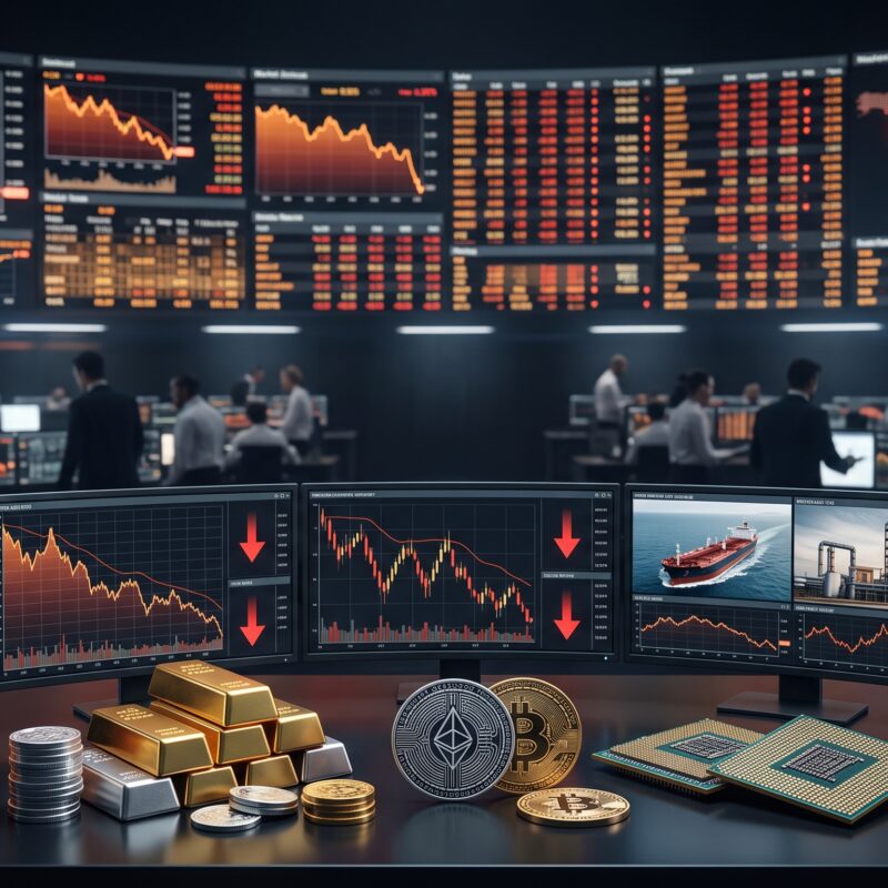 Financial market scene showing falling AI stocks, rebounding gold, and pressure on silver, copper, oil, Bitcoin, and Ethereum amid inflation fears.