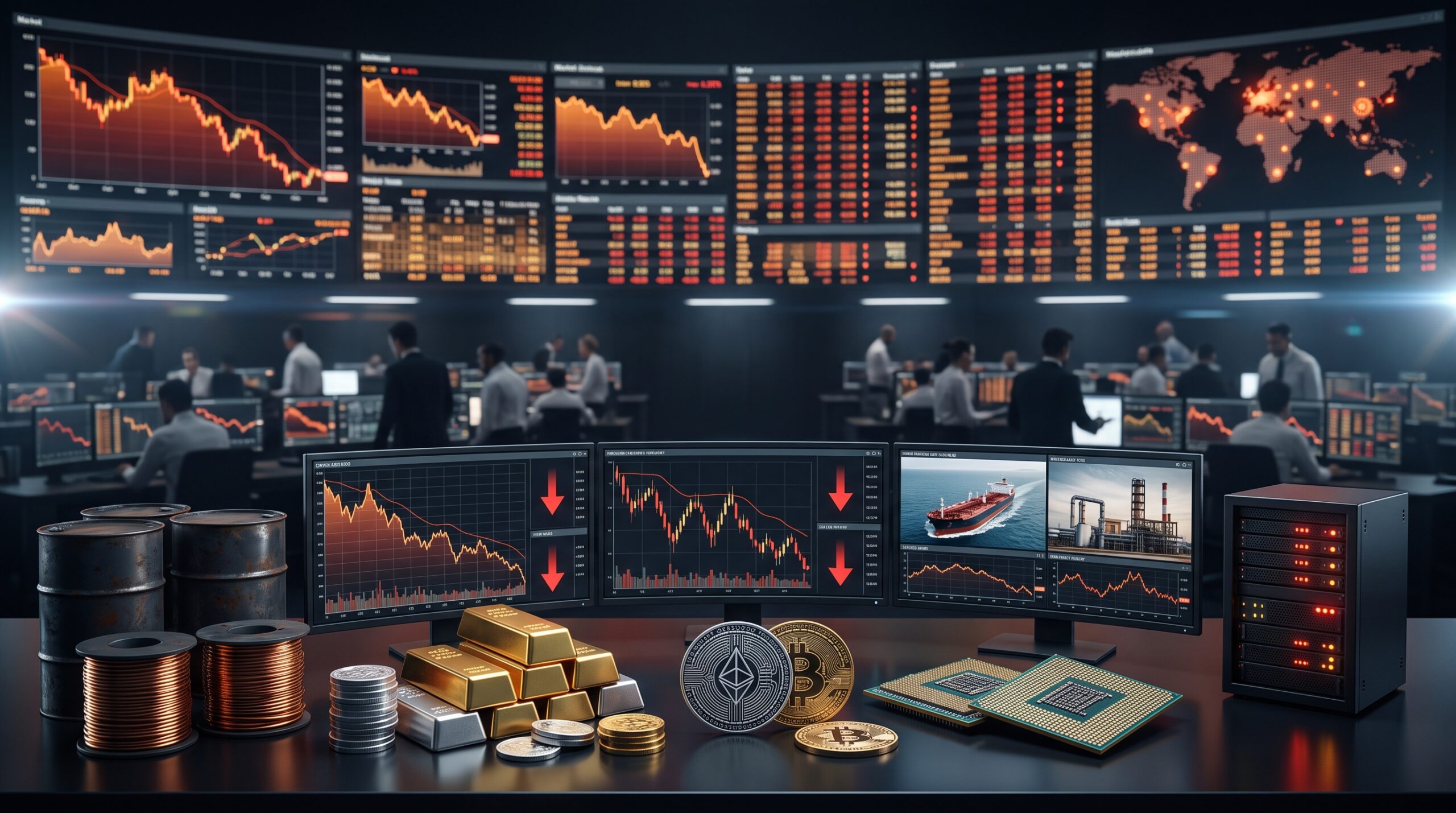 Gold, silver, Bitcoin, Ethereum, oil, copper, and AI stock visuals shown in a volatile financial market setting with supply fears, crypto weakness, and technology-sector stress.