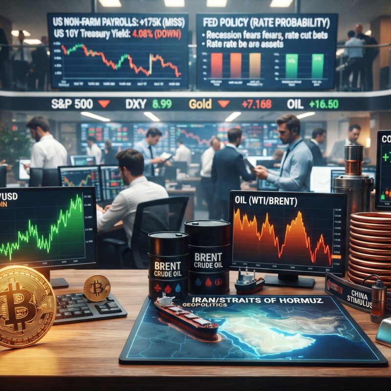 Gold, Bitcoin, oil, copper, silver, and Ethereum shown in a global financial market setting with weak jobs data, Fed expectations, China stimulus, and Iran-related geopolitical risk.