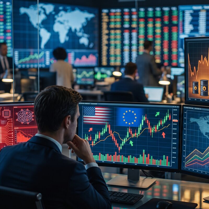 U.S. and European stock futures shown in a global trading environment with AI selloff pressure, oil price volatility, and inflation risk signals.