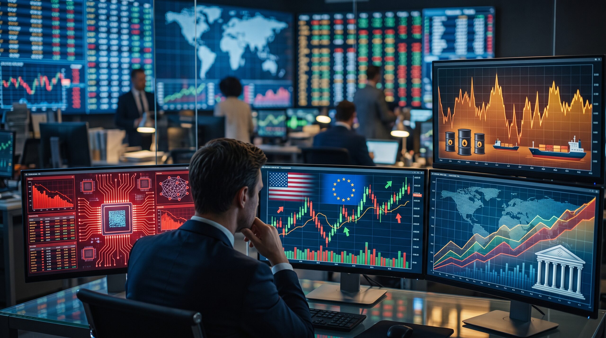 U.S. and European stock futures shown in a global trading environment with AI selloff pressure, oil price volatility, and inflation risk signals.